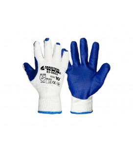 Rukavice pracovné MASTERTOOL z bezšvovej pletenej bavlny s prírodným latexovým povrchom biela/modrá 10, 5" 83-0602