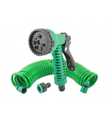 Zavlažovacia súprava MASTERTOOL 5 ks (pištoľ 7 funkcií, špirálová hadica 10 m, adaptér 1/2"-3/4" - samica, koncovka 3/8" - 2 ks)